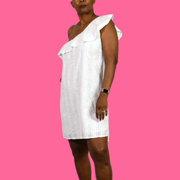 Cloth Stone One Shoulder Dress White Mini Shift Ruffle Textured Cotton Medium - Picture 13 of 14